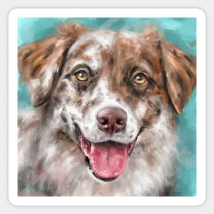 An Expressive Painting of a Brown and White Australian Shepherd Smiling Sticker